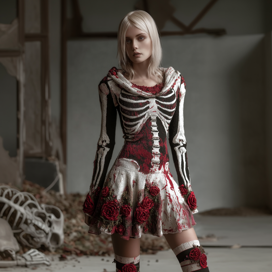 Halloween Blood Rose Women's Knit Hooded Sweater Dress artswardrobe