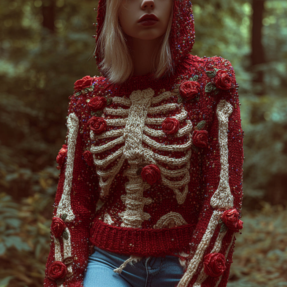 Halloween Elegant Skull And Bloody Rose Hooded Sweater artswardrobe