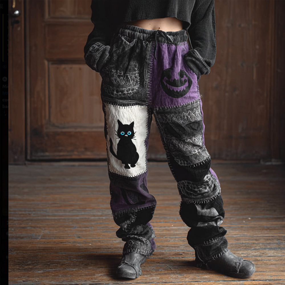 Women's Vintage Dark Cat-patterned Vintage Patchwork Pants elevenforest