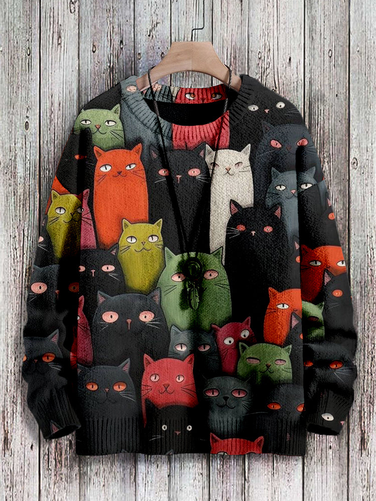 Cute Crowded Cats Pattern Pullover Sweater elevenforest