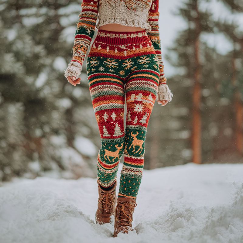 Women's Christmas Tree Elk Fairman Island Print Sports Stretch Leggings artswardrobe