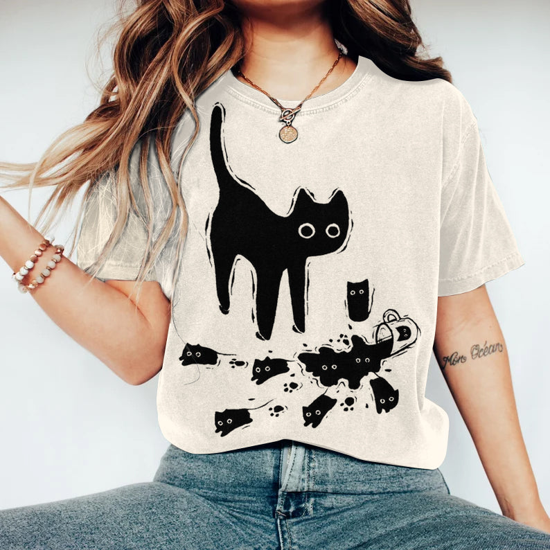 Women's Abstract Creative Cute Black Cat Art Print T-shirt elevenforest
