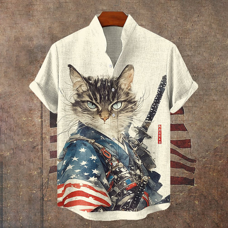Japanese Art Cool American Flag Cat Warrior Ink Art Short Sleeve Linen Blend Shirt elevenforest