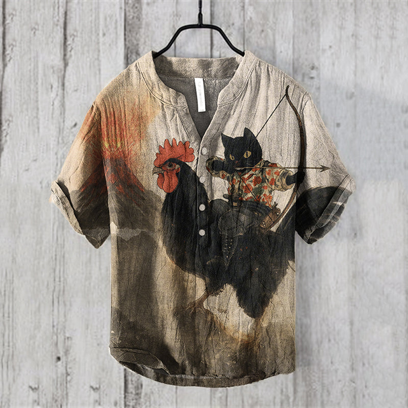 Men's Retro Black Cat Archer And Chicken Art Linen Shirt elevenforest