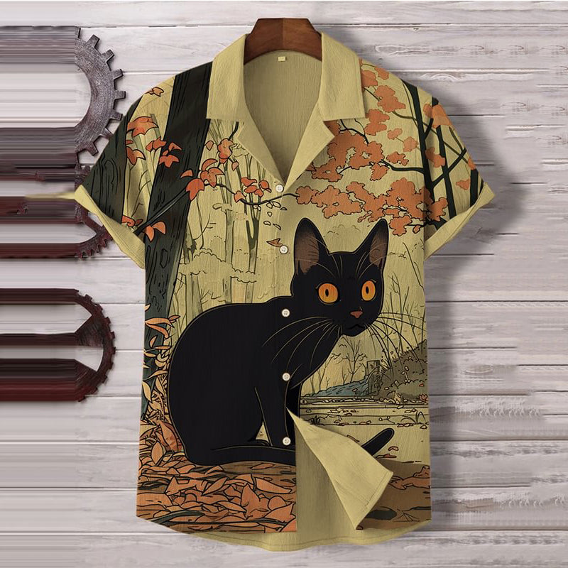 Black Cat Landscape Art Print Button Down Short Sleeve Shirt elevenforest