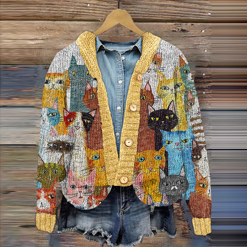 Vintage Cute Cat Knit Pattern Women's Cardigan elevenforest
