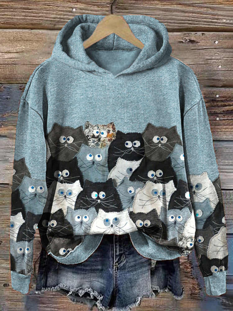 Denim Patchwork Cats Pattern Cozy Hoodie elevenforest