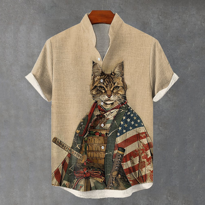 Japanese Art American Flag Cat Warrior Art Graphic Linen V-Neck Shirt elevenforest