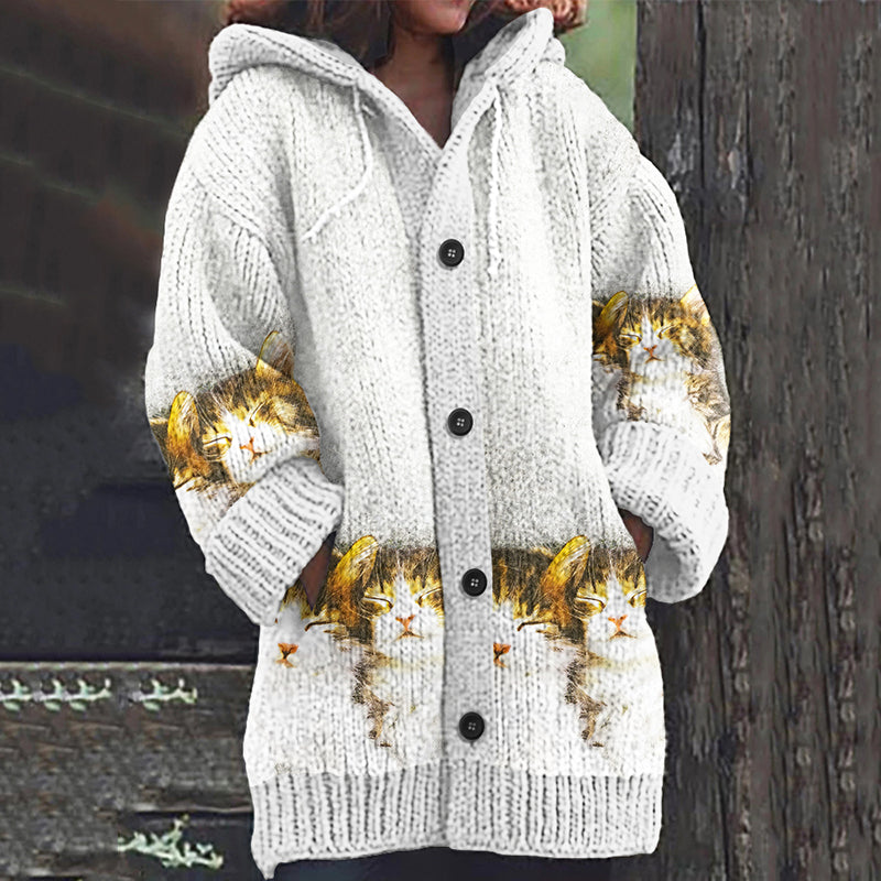 Vintage Sleepy Cat Knitted Jacquard Women's Cardigan Sweater elevenforest