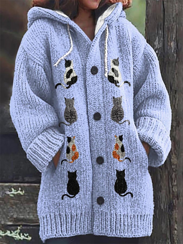 Women's Cat Casual Print Cozy Knit Cardigan elevenforest