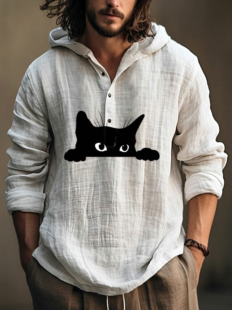 Men's Casual Black Cat Print Cotton Blend Hoodie elevenforest