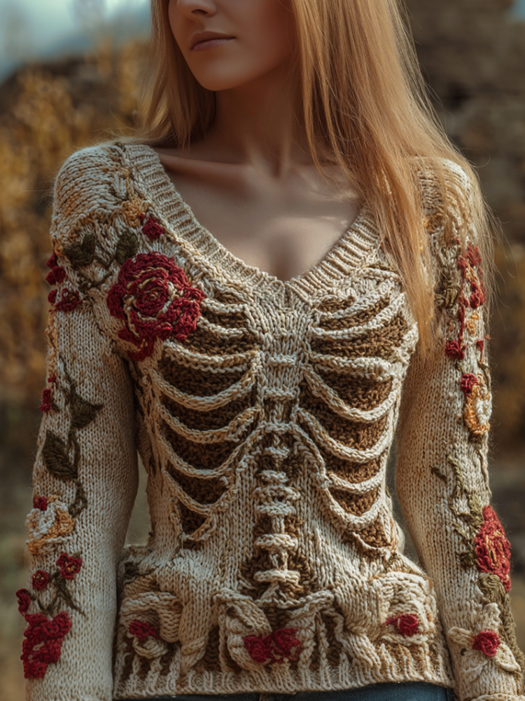 Ladies' V-neck Knitted Sweater With Halloween-themed Line Art And Botanical Floral Design. artswardrobe