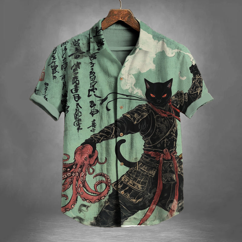 Men's Black Cat Warrior Holding An Octopus Print Short Sleeve Shirt elevenforest