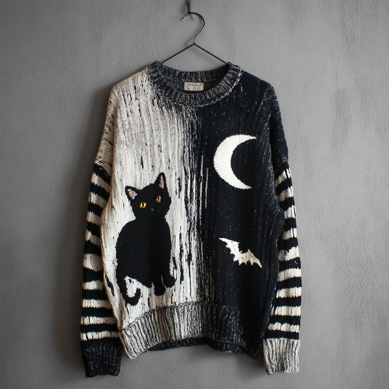 Halloween Black Cat & Bat Contrast Striped Sleeve Knitted Sweater elevenforest
