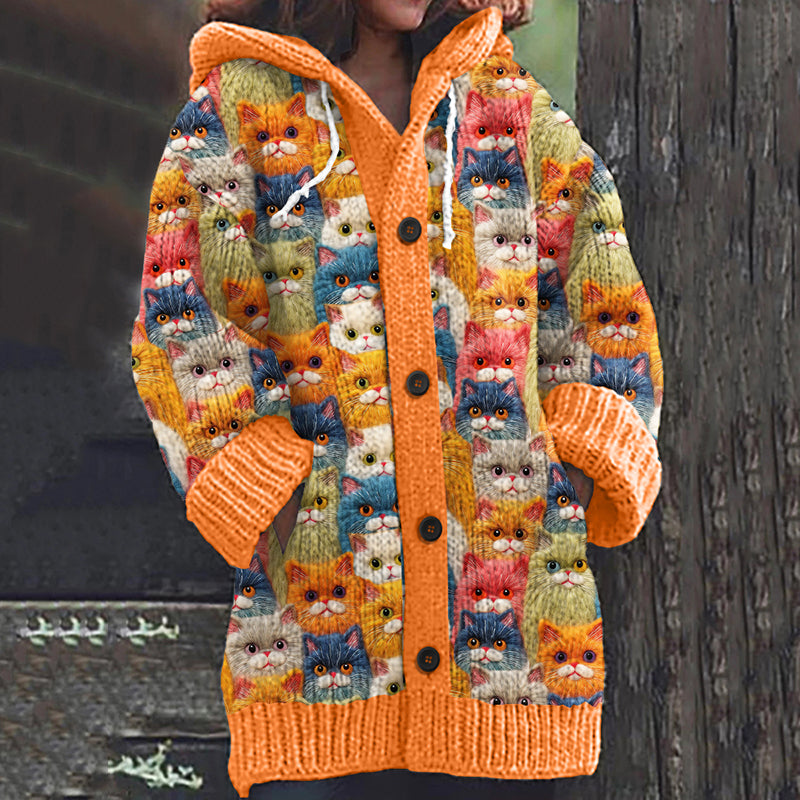 Cat Print Long Sleeve Knitted Hooded Cardigan elevenforest