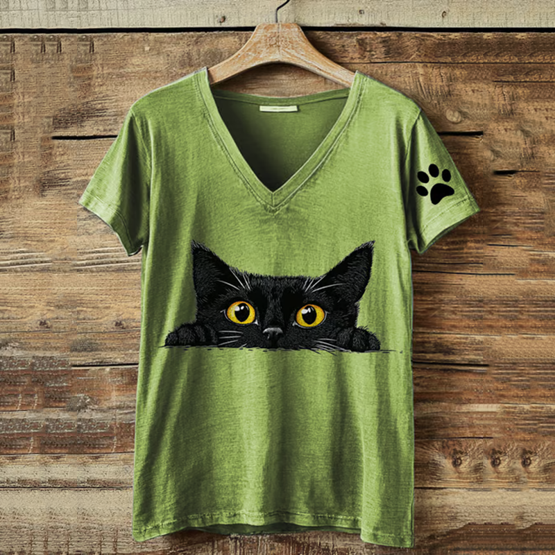 Abstract Creative Cute Cat Printed V Neck T-shirt elevenforest