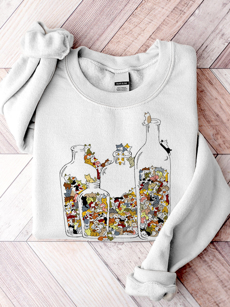 Women's Casual Cat Glass Bottles Print Cotton Blend Sweatshirt elevenforest