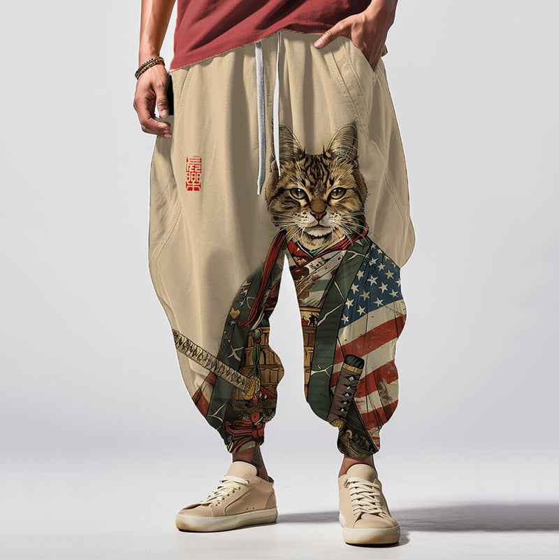 Japanese Art Retro American Flag Cat Samurai Print Loose Drawstring Waist Sweatpants elevenforest