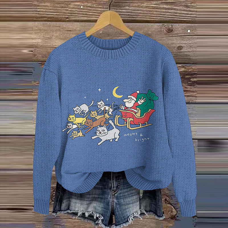Cat And Santa Claus Night Knit Sweater elevenforest