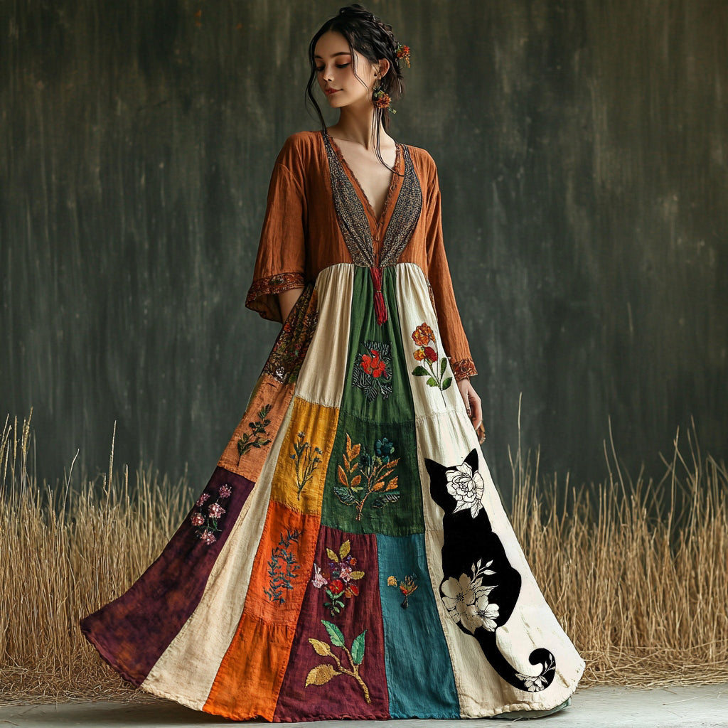 Cute Cat Floral Silhouette Linen Maxi Dress elevenforest