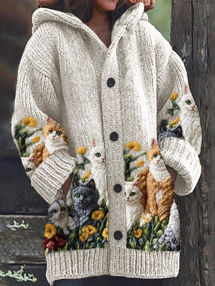 Cats Floral Embroidered Cozy Knit Hooded Cardigan elevenforest