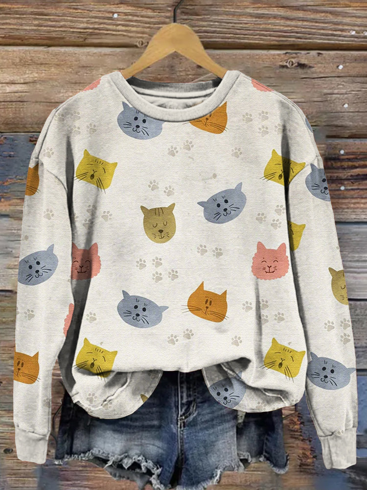 Lovely Cat Pattern Print Vintage Washed Sweatshirt elevenforest