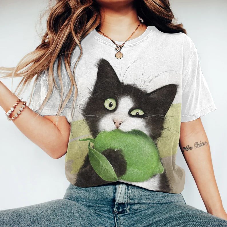 Abstract Creative Cute Lemon Cat Art Print Cotton Graphic T-shirt elevenforest