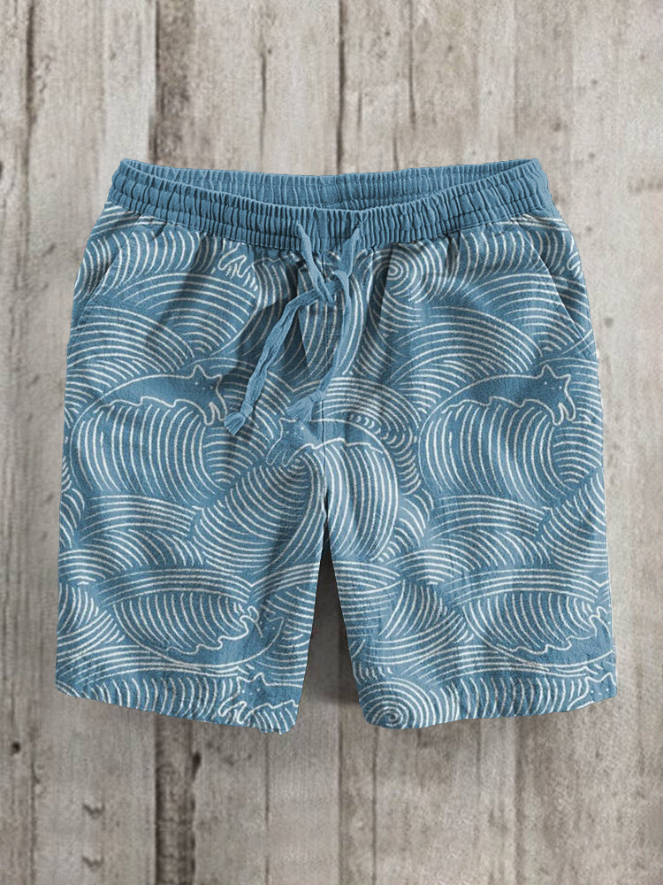 Cats & Waves Pattern Linen Blend Casual Shorts elevenforest
