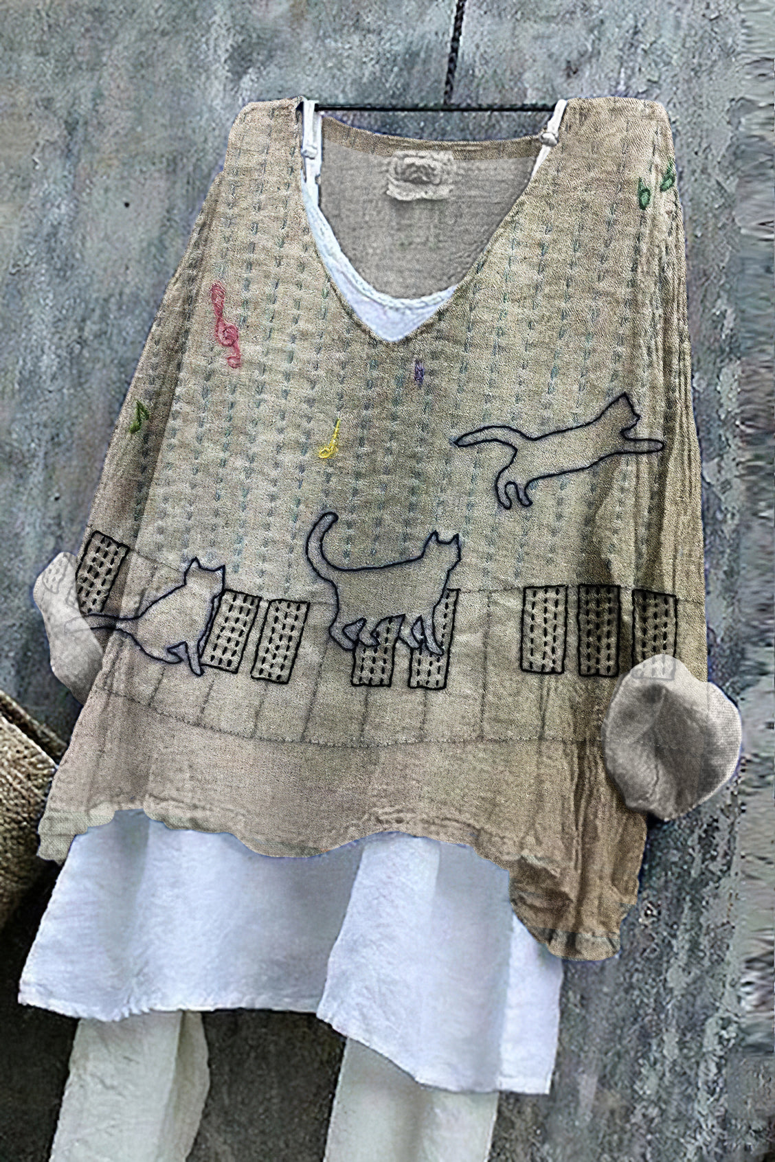 Vintage Cat Japanese Embroidery Art Linen Blend Tunic elevenforest