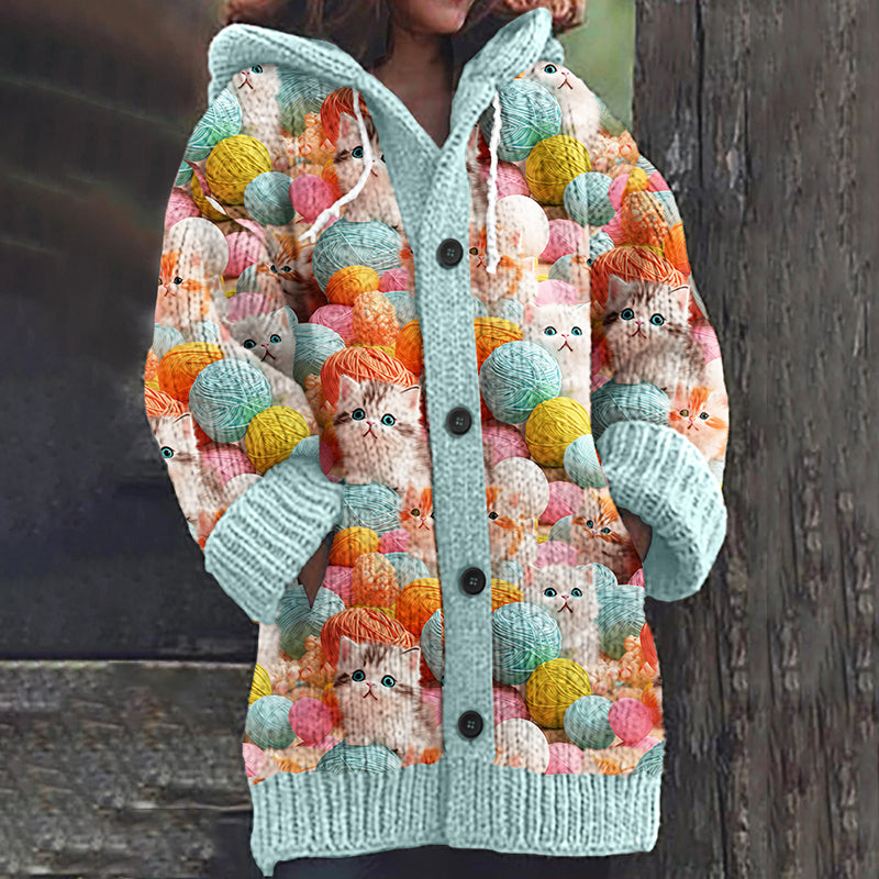 Cute Cat Print Long Sleeve Knitted Hooded Cardigan elevenforest