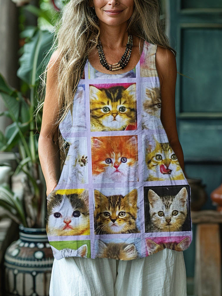 Vintage Cute Cat Print Women's Linen Tank Top elevenforest