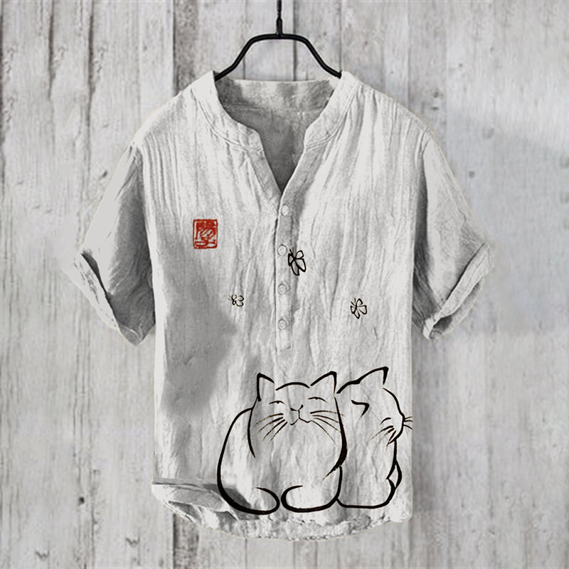 Japanese Ink Painting Of Two Cats And Butterflies Art Linen Blend Shirt elevenforest