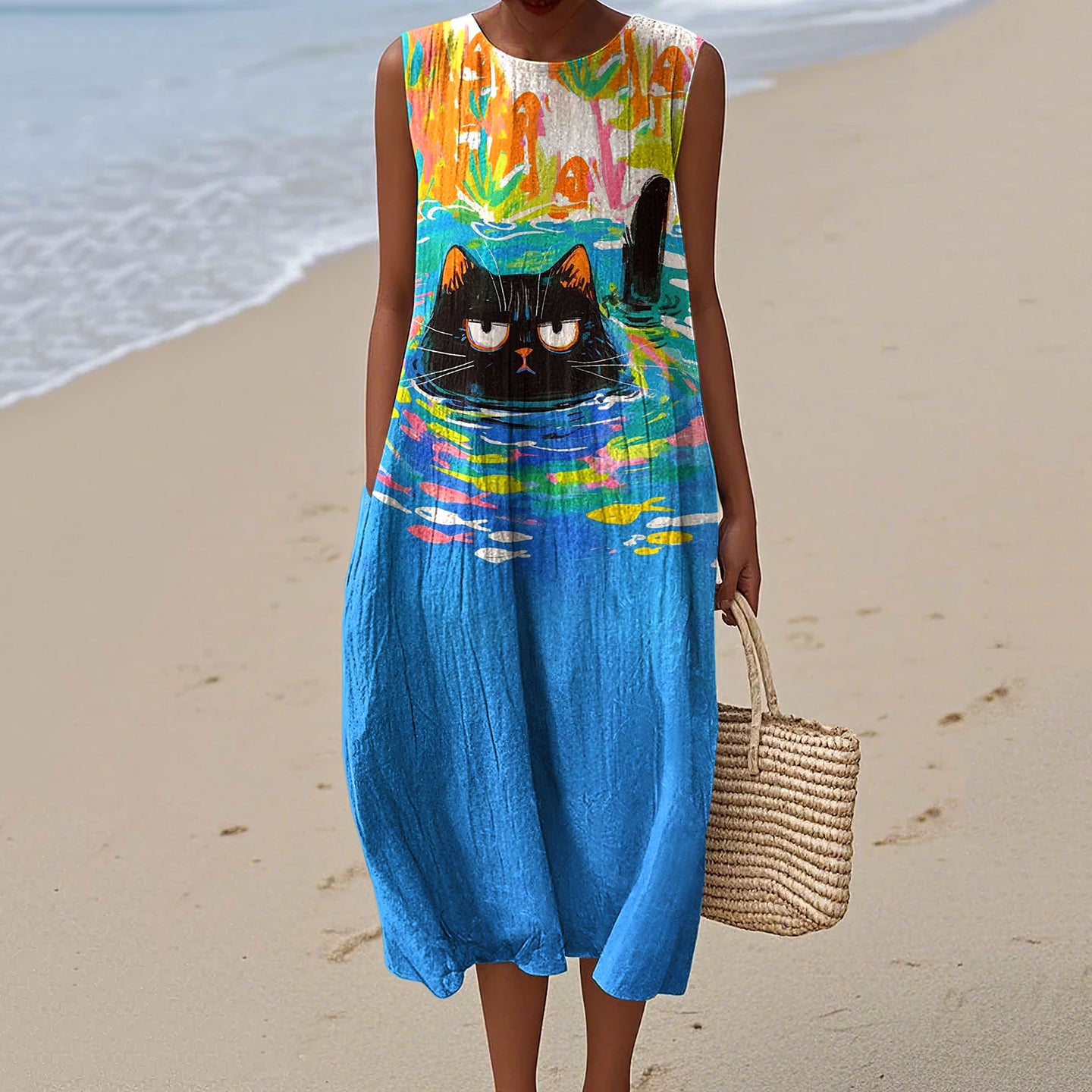 Abstract Creative Oil Cat Style Painting Art Linen Tank Dress elevenforest