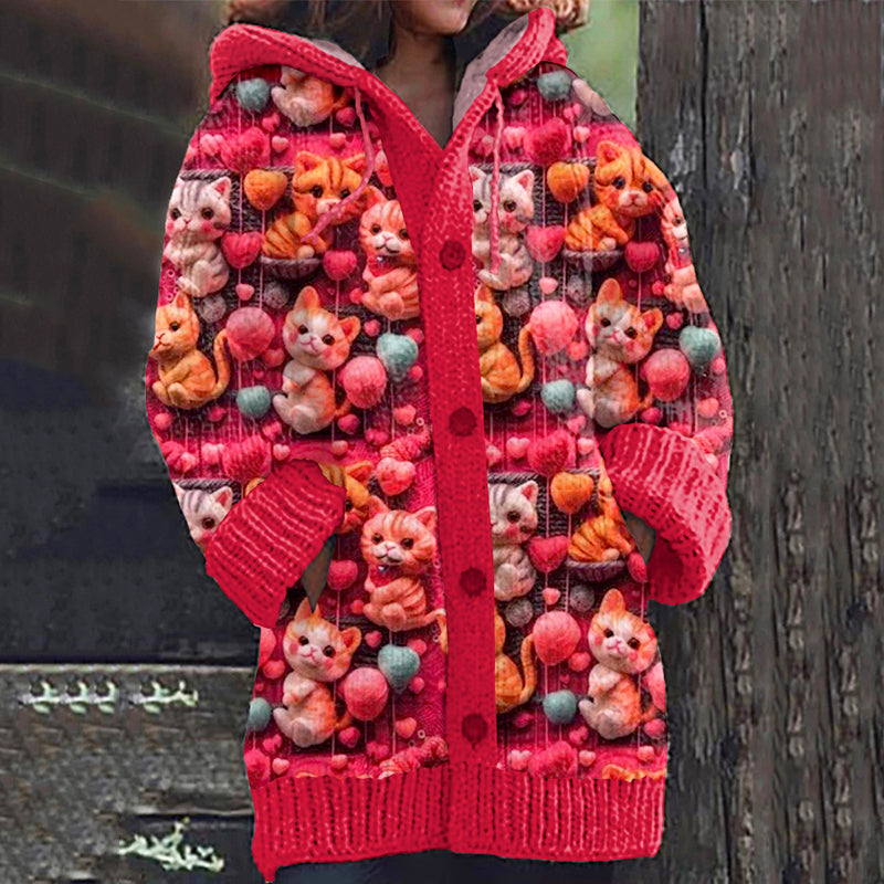 Lovely Kittens Embroidered Pattern Cozy Hooded Knit Sweater elevenforest