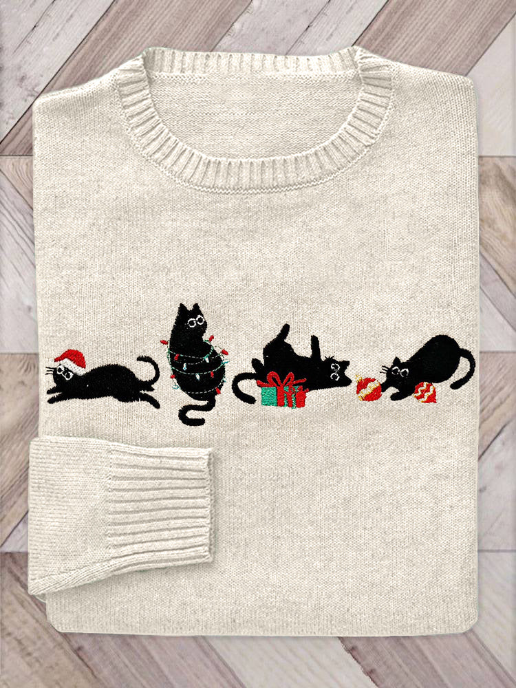 Black Cats Embroidery Cozy Knit Sweater elevenforest