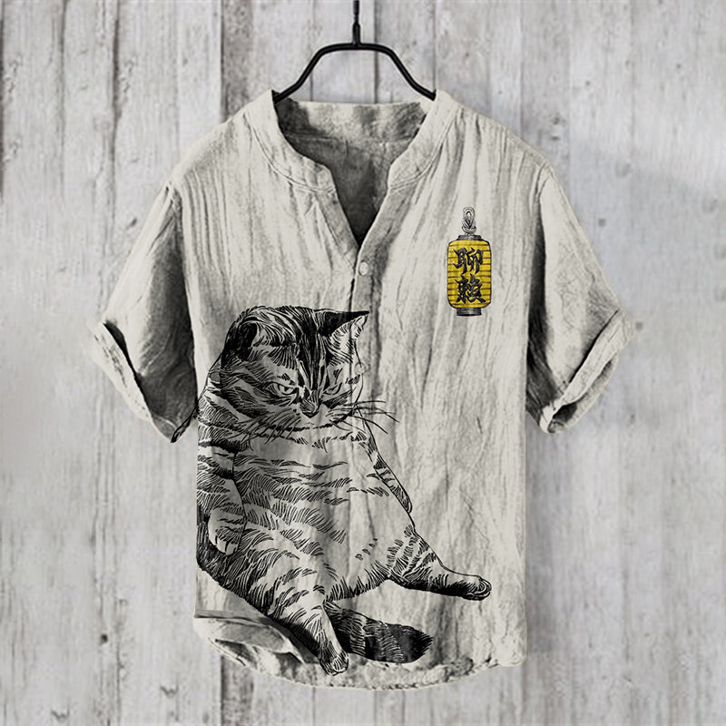Abstract Creative Boring Fat Cat Art Linen Blend Shirt elevenforest
