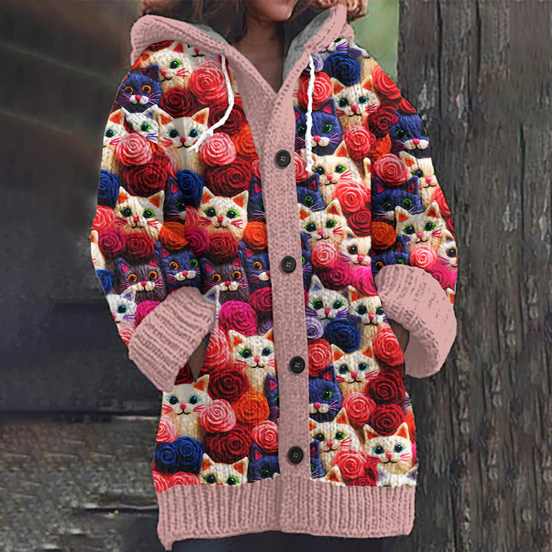 Cute Cats & Flowers Embroidered Pattern Cozy Hooded Knit Sweater elevenforest