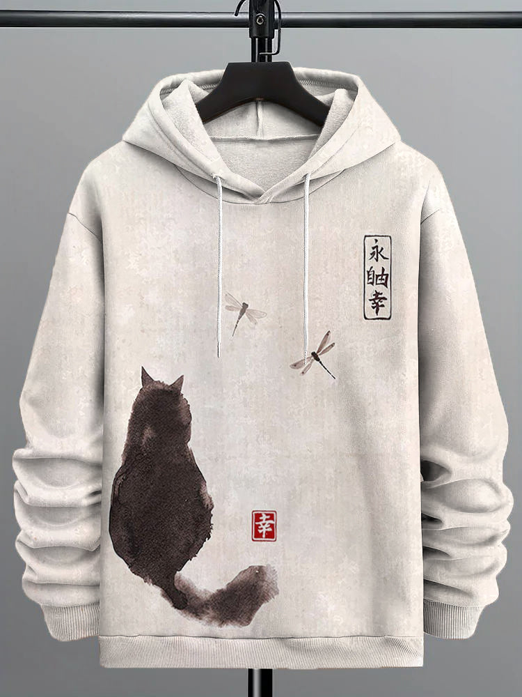 Men's Japanese Art Cat Print Cozy Hoodie elevenforest