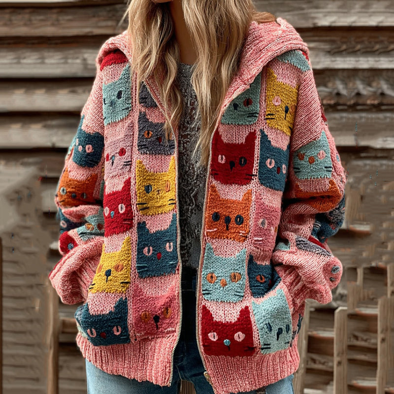 Women's Colorful Cats Art Knit Zipper Cardigan Sweater elevenforest