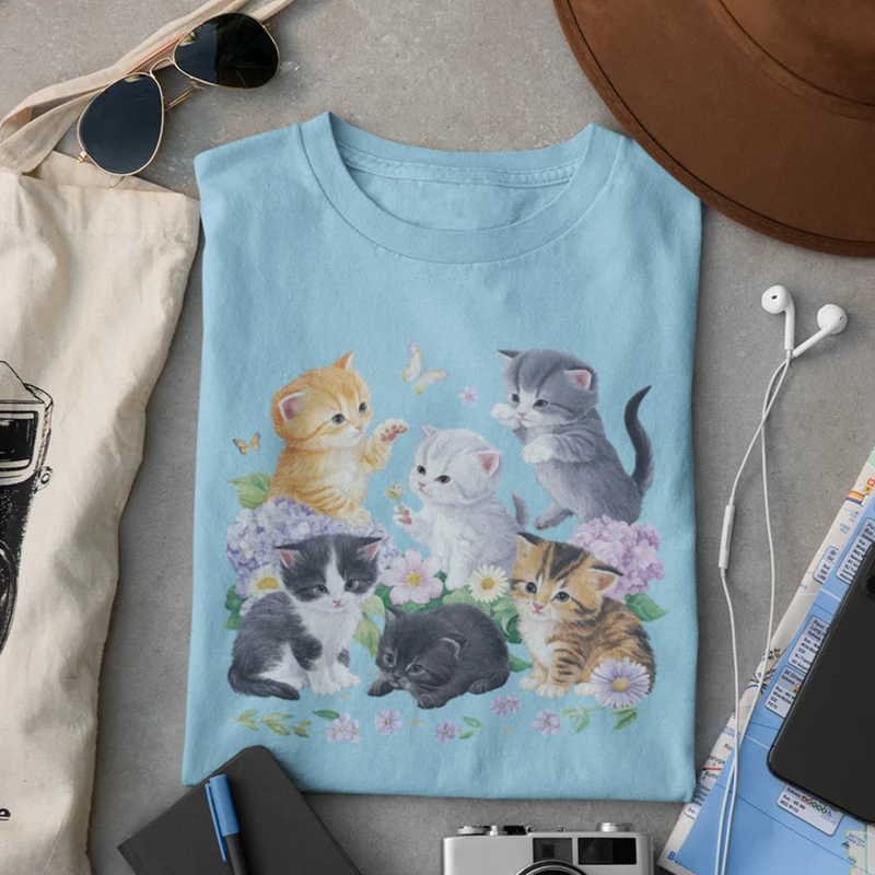 Abstract Creative Aesthetic Cat Butterfly Flower Wildflower Cat Art Print Cotton Graphic T-shirt elevenforest