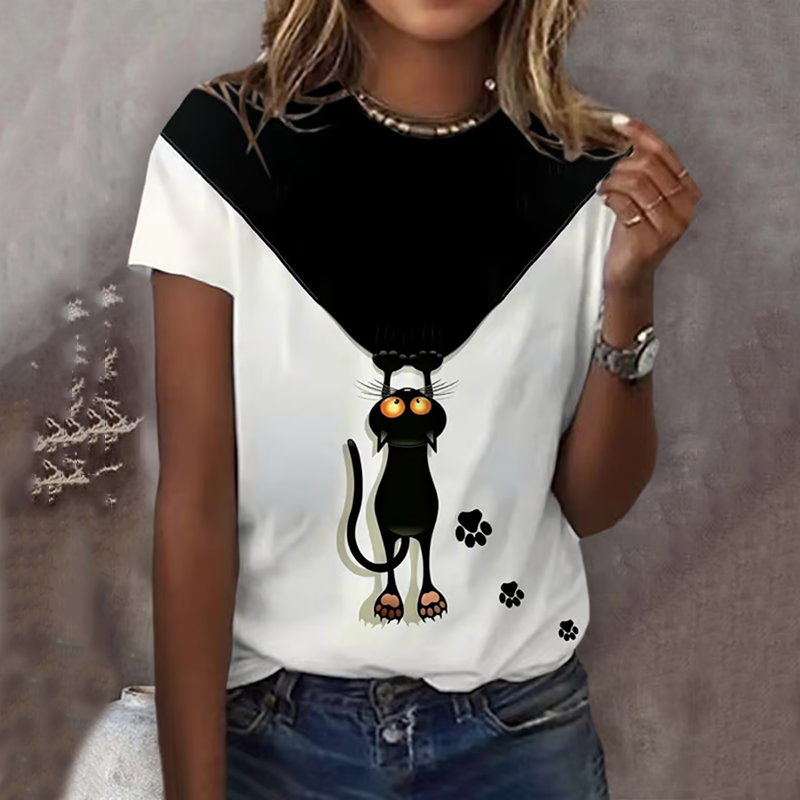 Abstract Creative Funny Black Cat Art Print Cotton Graphic T-shirt elevenforest