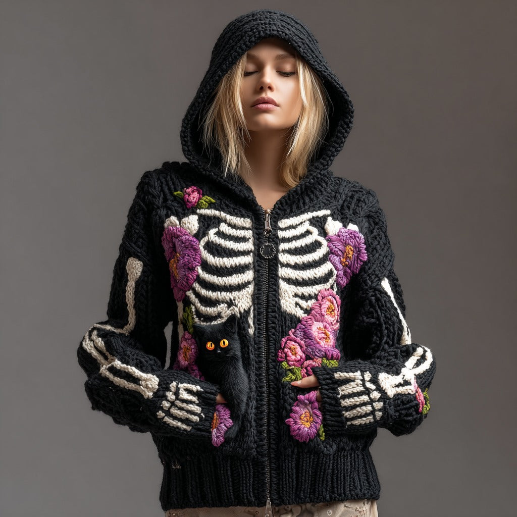 Women's Vintage Skull And Black Cat Art Knit Hoodie elevenforest