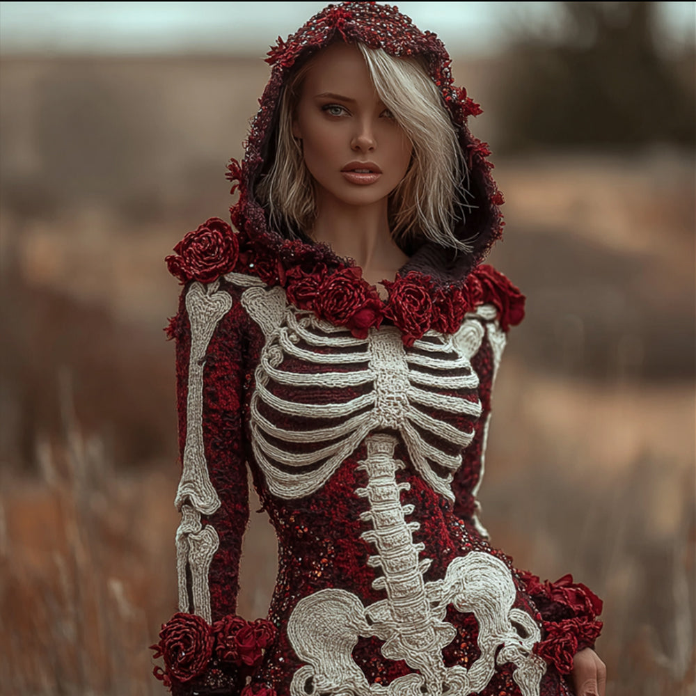 Halloween Skeleton And Crimson Rose Glitter Hooded Sweater artswardrobe