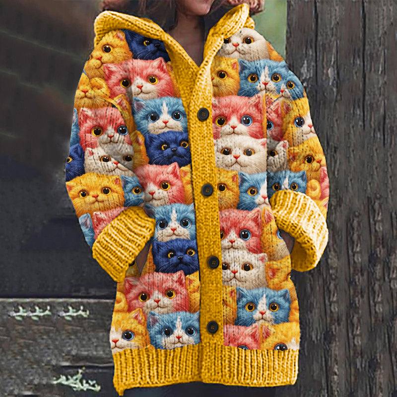 Vintage Cozy Family Cat Art Women's Hooded Sweater Cardigan elevenforest