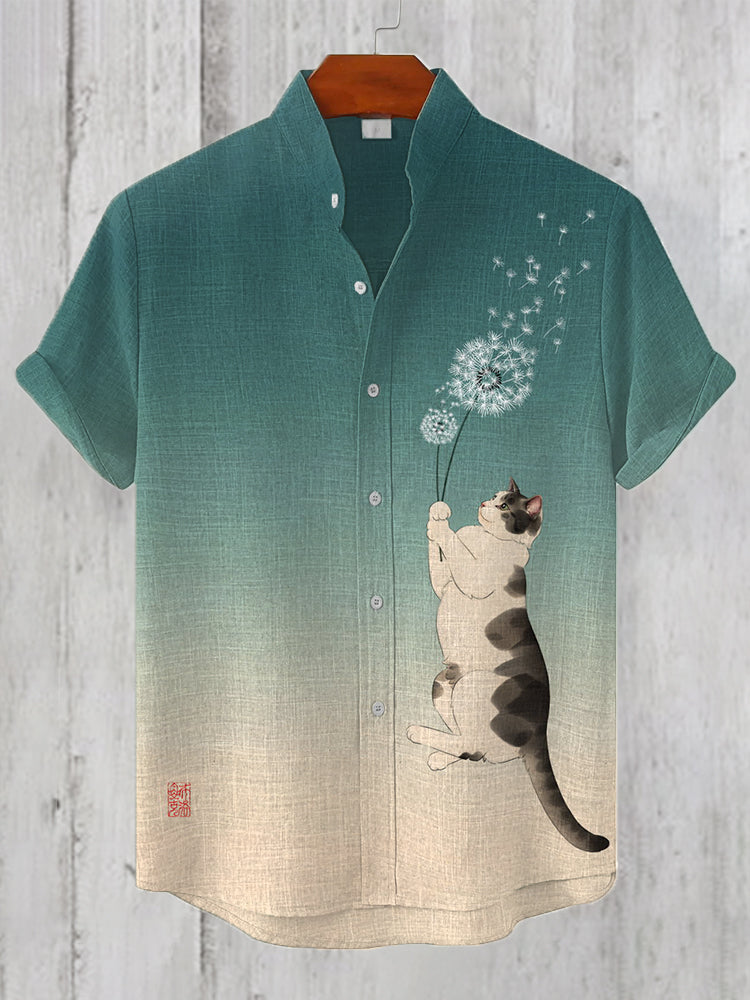 Men's Funny Cat Dandelion Art Print Linen Blend Shirt elevenforest