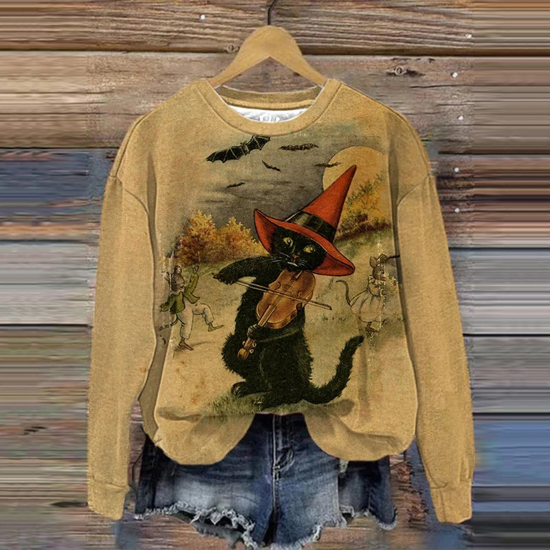 Halloween Black Cat Print Sweatshirt elevenforest