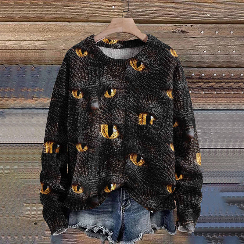 Black Cat Autumn Season Halloween Art Print Knit Pullover Sweater elevenforest