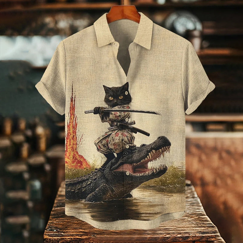 Men's Crocodile And Cat Samurai Print Short Sleeve Shirt elevenforest