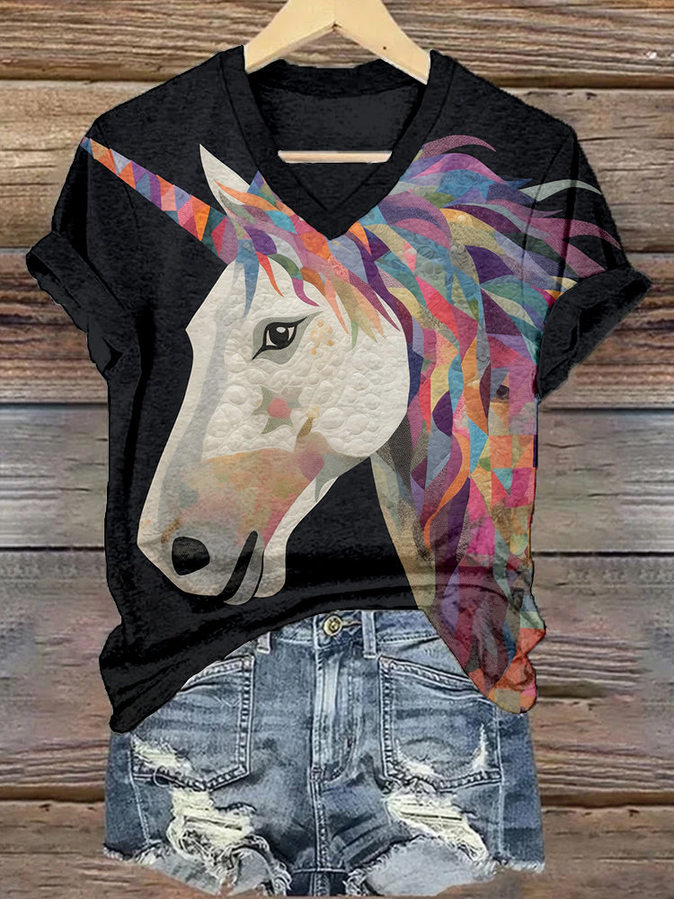 Unicorn Patchwork Art V Neck Cozy T Shirt elevenforest