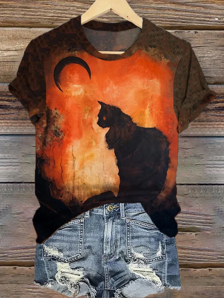 Women's Halloween Black Cat Print T-Shirt elevenforest